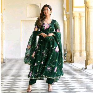 Dark Green Georgette Floral Suit Set