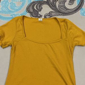 Mustard Yellow Ribbed Square Neck Top