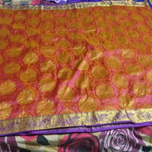 Orange And Violet Pure Silk Saree