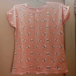 Peach Colour T-shirt With Butterflies Pattern