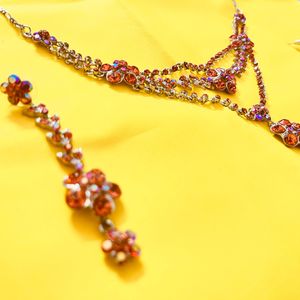 Best Quality Jaipuri Antique Kundan, Set Three Layer With Long Earrings, Orange Colour