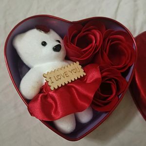 Heart Shape Box With Cute Teddy And Flowers