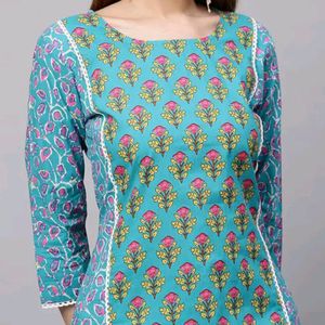 Blue And Pink Floral Kurta Set With Pant