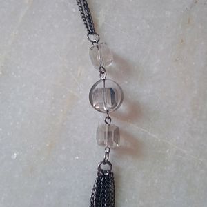 Multi Chain Silver & Gun Metal Necklace w/ AB Black, Smoky Crystal Beads 30" L