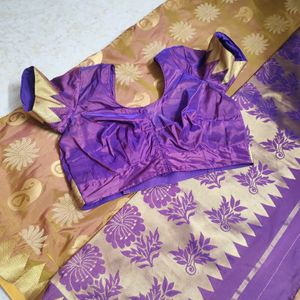 Mustard/Golden Saree With Purple Blouse