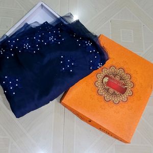 Blue New Net Saree with Blouse पीस Attached