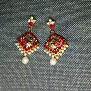 Red And Golden Pair Of Ethnic Earrings