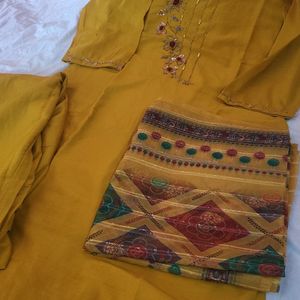 Yellow Suit With Organza Dupatta