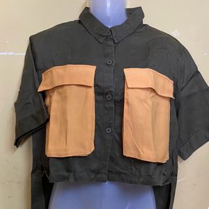 Olive High Low Shirt With Big Pockets