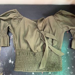 Olive Green Smocked top with tie up Bow