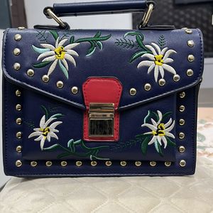 Women navy Blue Designer Bag With Embroidery Flowers Print