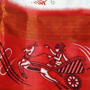 Beautiful White And Red Art silk Saree