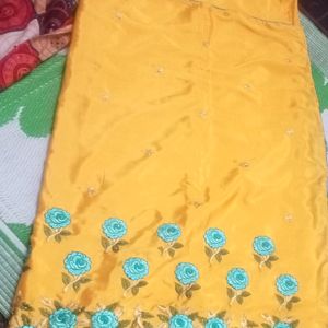 Yellow Colour Embroidery Work Saree