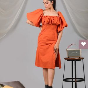 Orange Puff Front Dress With Side Slit