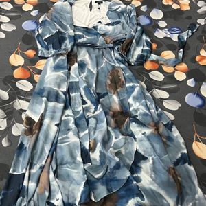 Wardrobe Dusty Blue Foliage Printed A-Line Dress w