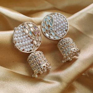 Ethnic Pearl White Golden Base Earrings