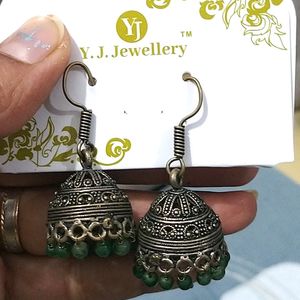 Oxidised Jhumkas - 💚 Green Beads