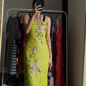 Sequins Yellow  Floral Bandeau Midi Dress