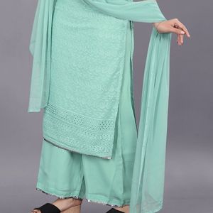 Sleeveless Green Embroidered Kurta Three Pis Set