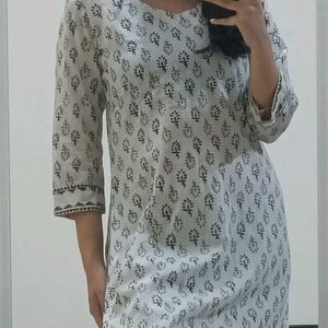 White Block Printed Straight Kurta