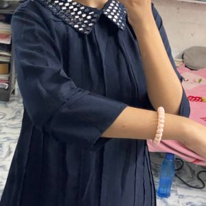 Blue Mirror Work Neck Platted dress 🥰