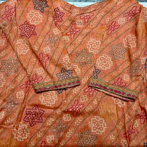 Orange Ornamental Print Kurta Trouser Dupatta (XL)