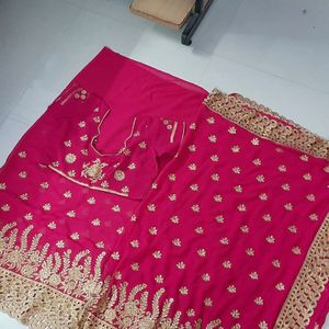 Rani Pink Saree Golden Border Stitched Blouse Part