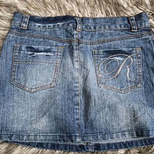 Blue Denim Beaded Pocket Skirt