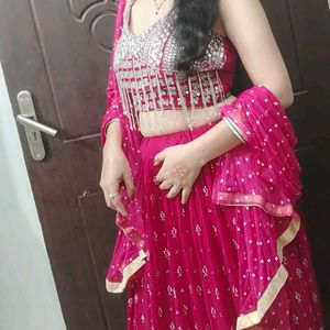 🔥Spot Offer Hot Pink Mirror Work Lahenga🔥