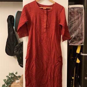 Red Unused Cotton Kurta With Gold Zari Detail