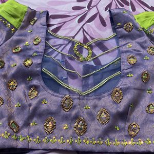 Green & Purple Saree With Blouse For Grabs