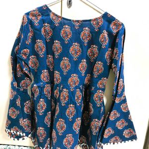 New Dark Blue Printed Peplum Cotton Top