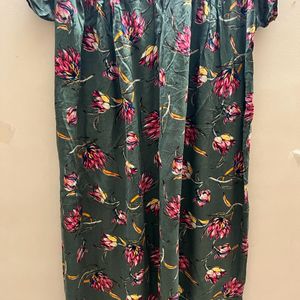 Flower Printed Embroidery In Neck Nighty