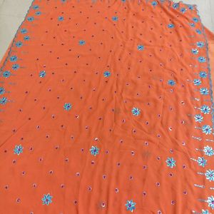 🧡💙Orange Blue & 💕 Pink Tikka Work Saree 🧡💙