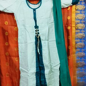 White And Green Gown With Dupatta