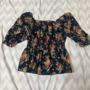 KASSUALLY Blue Floral Clinched Waist Smocked Top