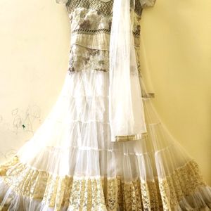 White Net Long Frock With Dupatta