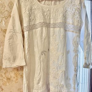 White Embroidered Chikankari Kurta, Bust- 36