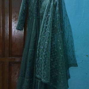 Olive Green Dim Sparkling Gown With Shining Shall