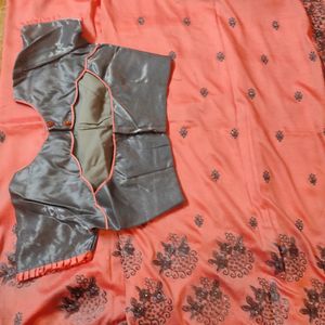 Coral Pink And Grey Embroidery Saree