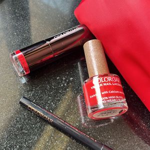 Lipstick, Kajal And Nail paint With Red Pouch