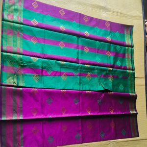 Green and Purple Cotton Silk Saree