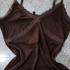 Hnm Brown Ribbed Lace Trimmed Dress