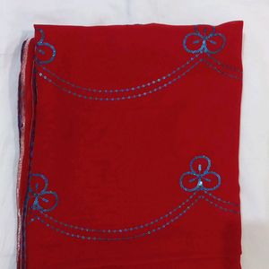 RED SAREE WITH BLUE SEQUIN WORK