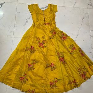 Yellow Floral Cotton Anarkali Kurta With Dupatta