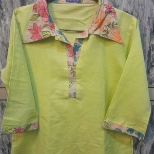 Lime Yellow Kurti With Multi Color Collared Neck