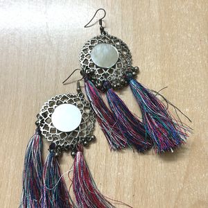 Oxidised Silver Tassle Earrings With Mirror Work
