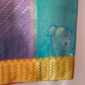 Purple And Teal Colour Silk Saree