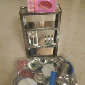 metal kitchen set with stand and microwave