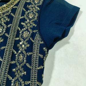 Teal Blue Embroidery Printed Kurta Set (Women)